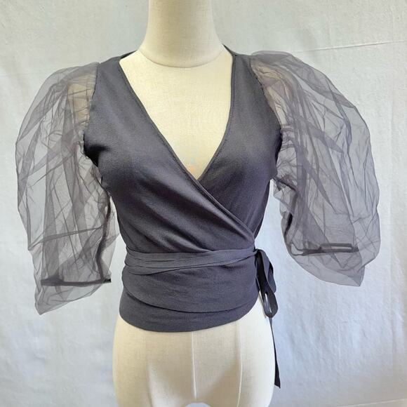 Zara organza statement puff sleeve knit cropped wrap top size large NWT - Picture 16 of 16